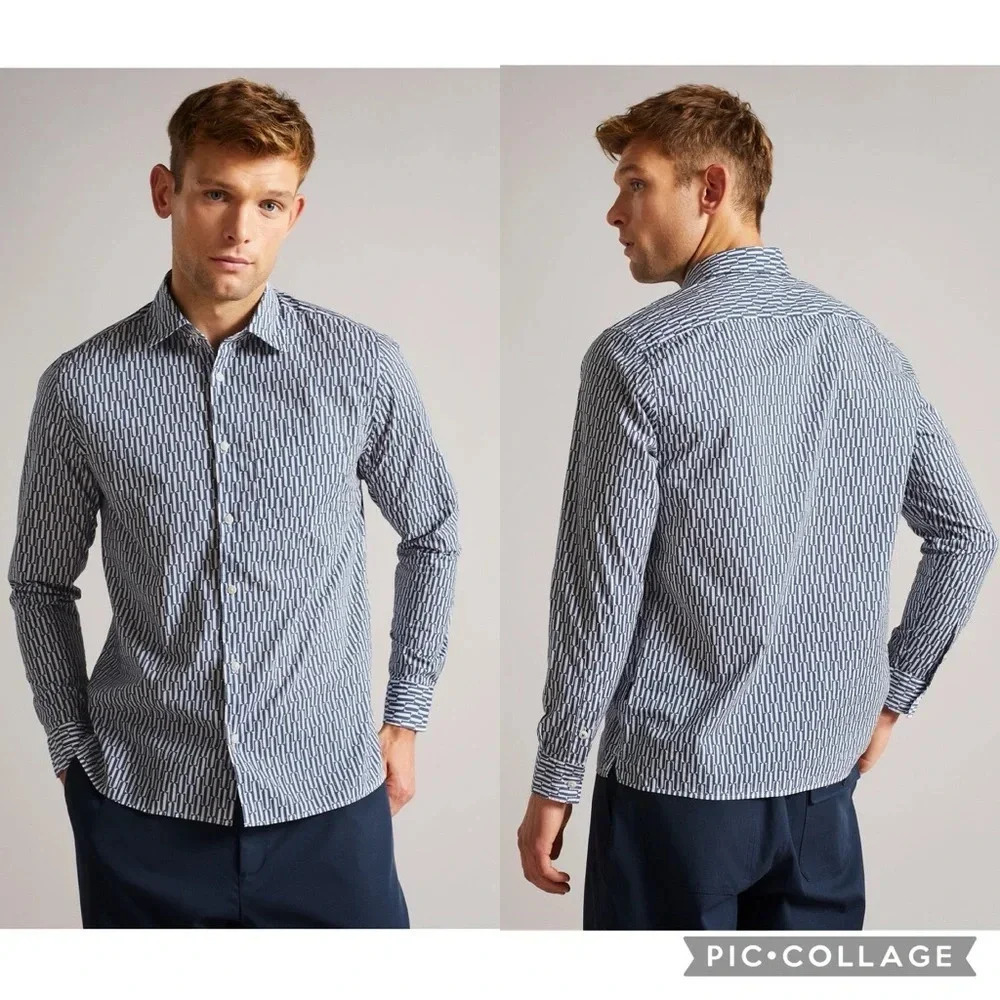 Ted Baker sz 4 (Large) Ruskin Retro Geo Print Cotton Button Down Blue & White